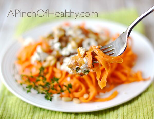 Spiralizer Sweet Potato with Goat Cheese, Caramelized Onion and Pine Nuts -  A Pinch of Healthy