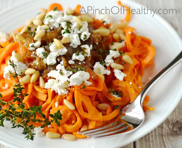 Spiralizer Sweet Potato with Goat Cheese, Caramelized Onion and Pine Nuts -  A Pinch of Healthy