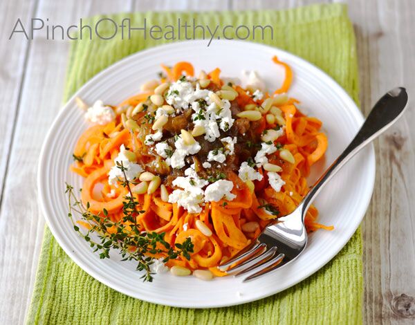 Spiralizer Sweet Potato with Goat Cheese, Caramelized Onion and Pine Nuts -  A Pinch of Healthy